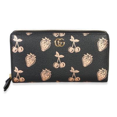 Gucci Black Dollar Calfskin Metallic Strawberry Cherry GG Zip Around Wallet Handbag id