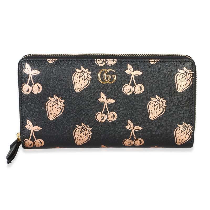 Gucci Black Dollar Calfskin Metallic Strawberry Cherry GG Zip Around Wallet Handbag id