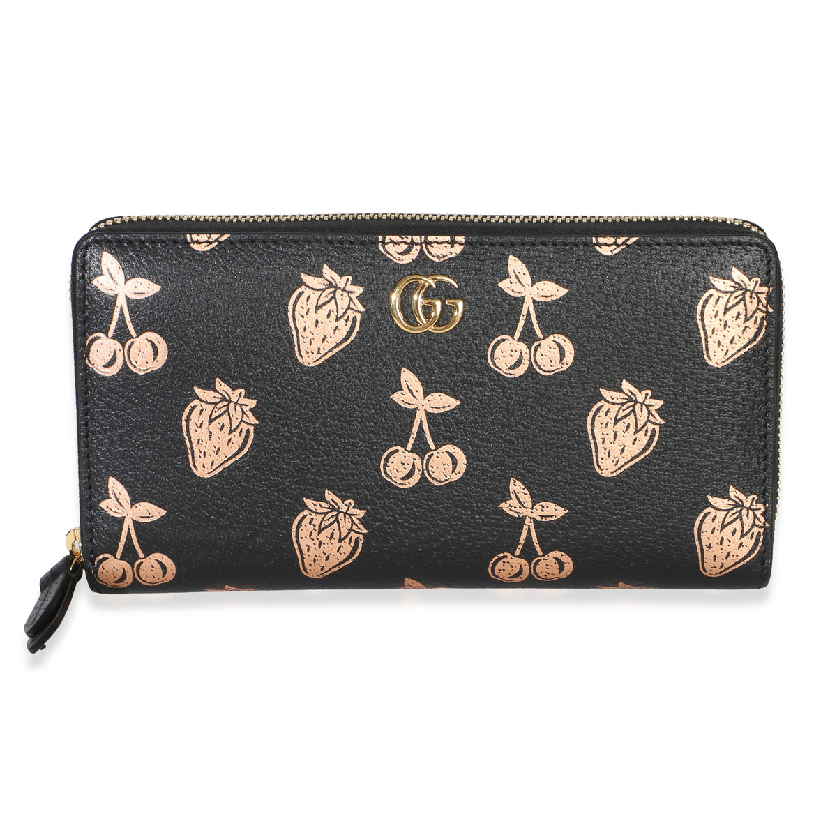 Gucci Black Dollar Calfskin Metallic Strawberry Cherry GG Zip Around Wallet Wallet id