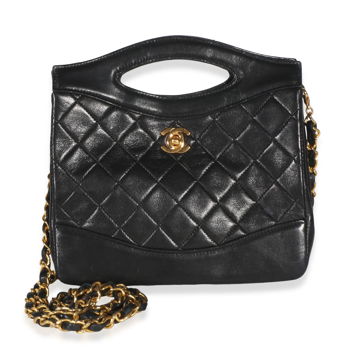 Chanel Vintage 24k Black Quilted Lambskin Cut Out  Handle Chain Bag Handbag id