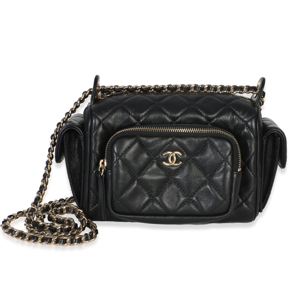 Chanel Black Quilted Shiny Crumpled Lambskin Small Preppy Pocket Camera Case Handbag id