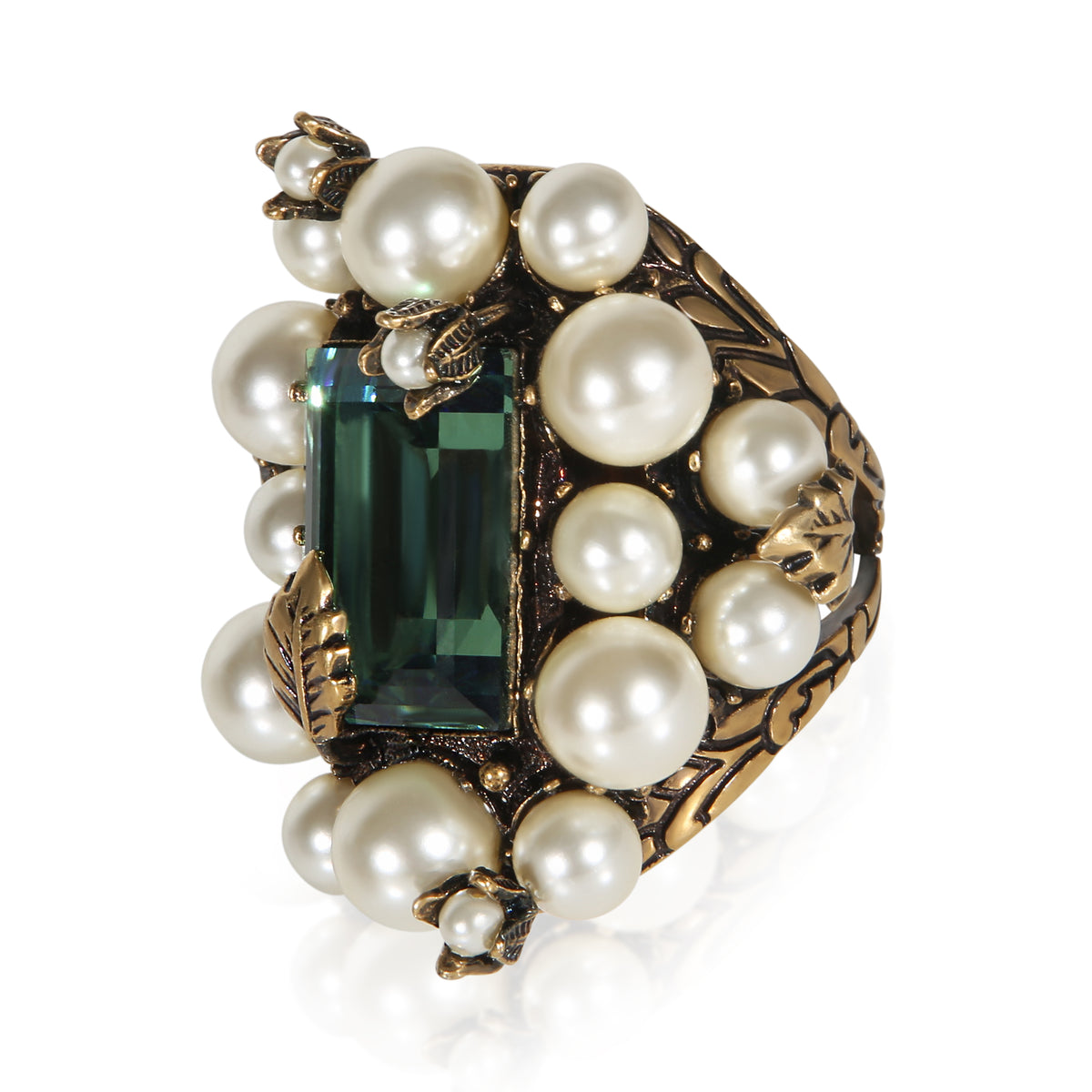 Gucci Gold Plated Crystal & Faux Pearl Ring 2