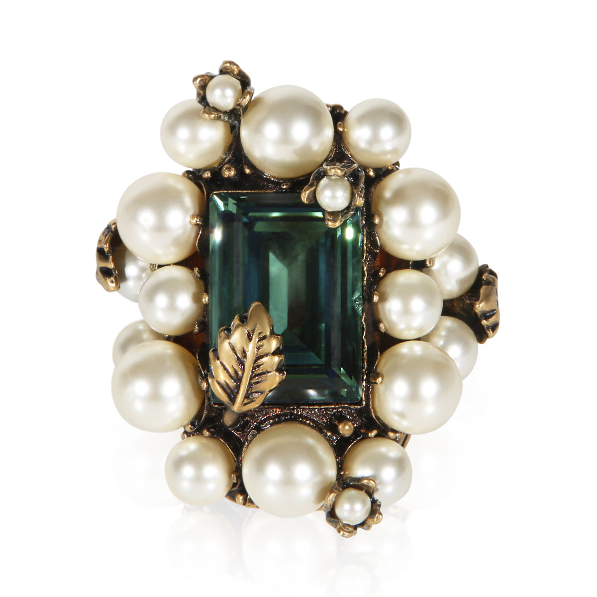Gucci Gold Plated Crystal & Faux Pearl Ring fv