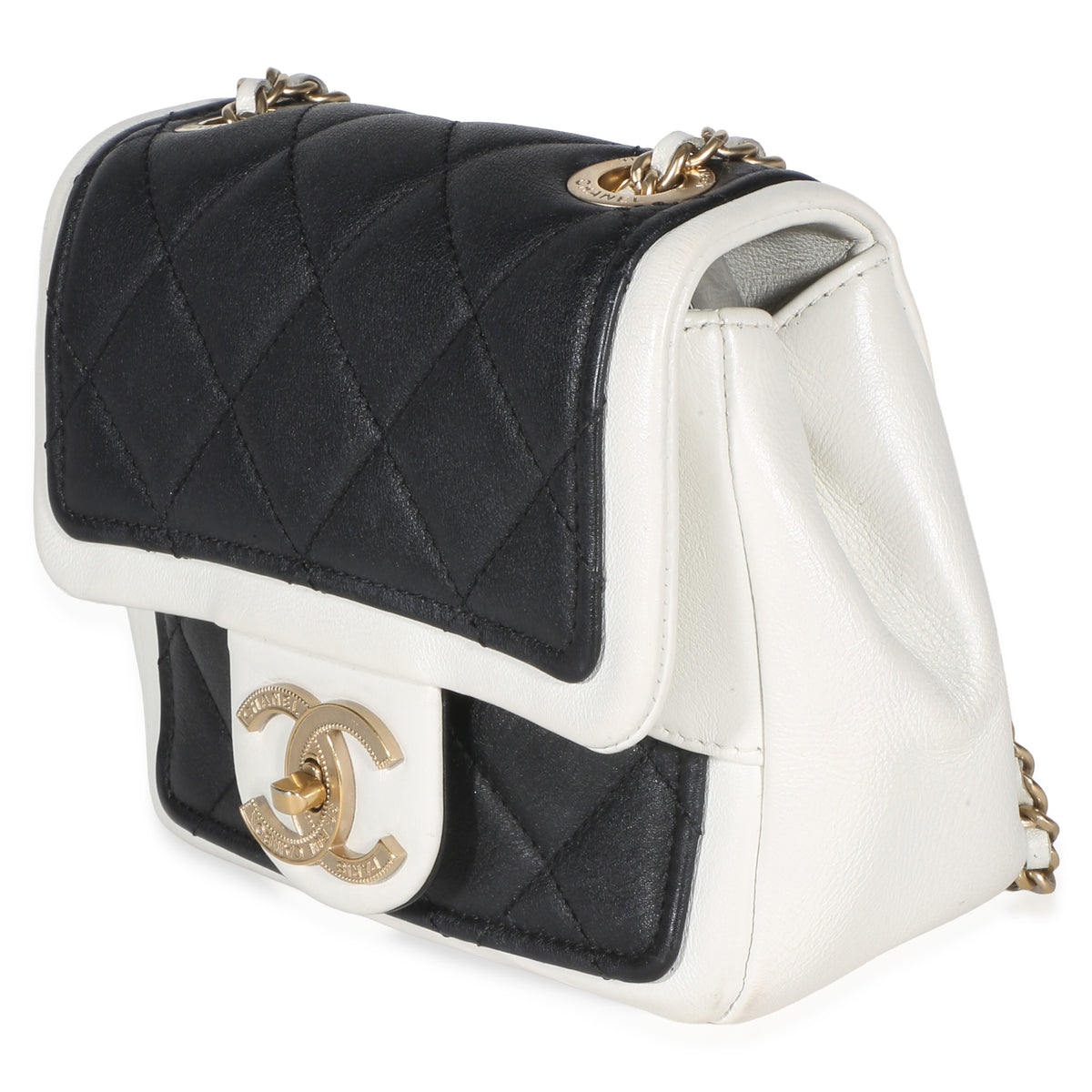 Chanel Bi Color Black White Quilted Lambskin Mini Graphic Flap Bag Handbag 2