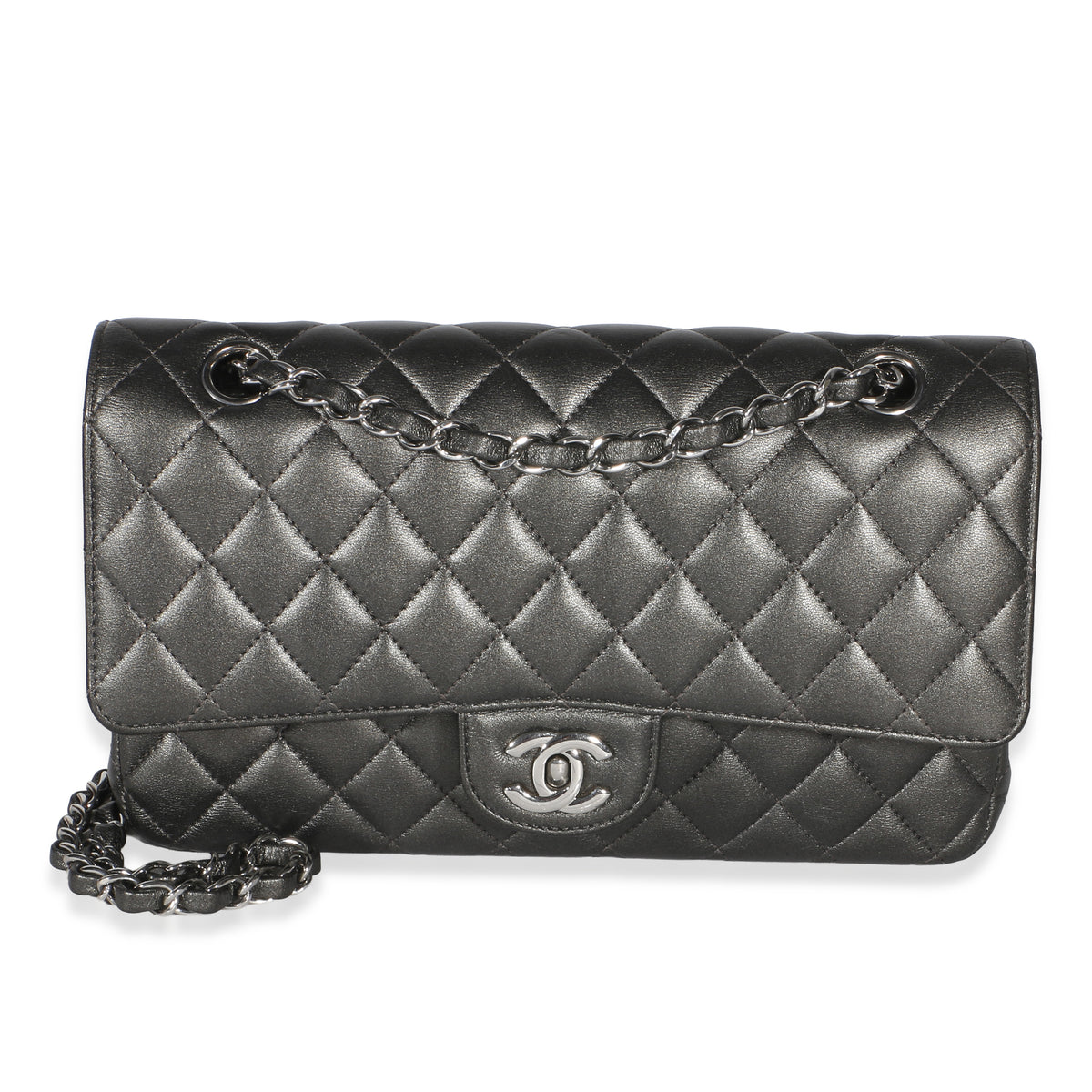 Chanel Metallic Grey Quilted Lambskin Medium Classic Double Flap Bag Handbag id