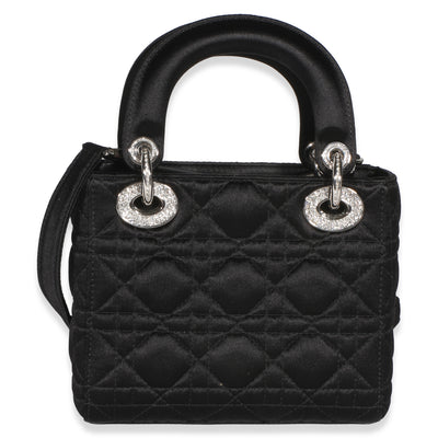 Christian Dior Black Satin Cannage Swarovski Crystal Embellished Mini Lady Dior Handbag fv