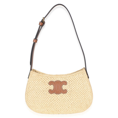 Celine Natural Raffia Calfskin Triomphe Medium Tilly Shoulder Bag Handbag fv