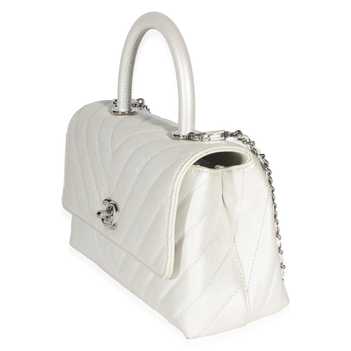 Chanel Silver Chevron Caviar Mini Coco Top Handle Bag Handbag 2