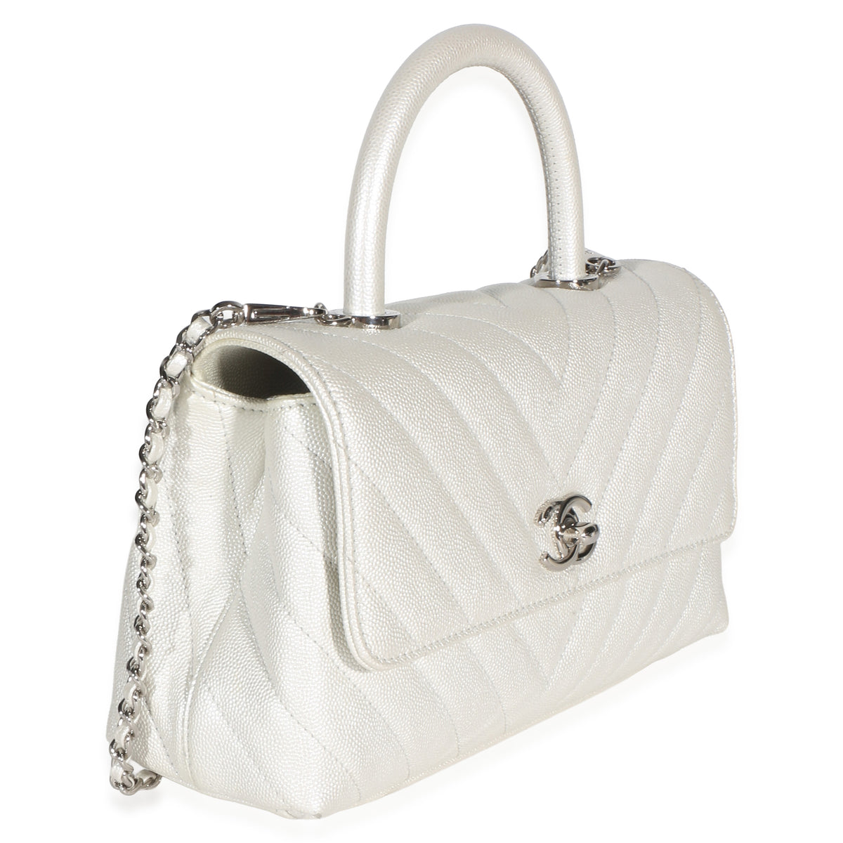 Chanel Silver Chevron Caviar Mini Coco Top Handle Bag Handbag 3