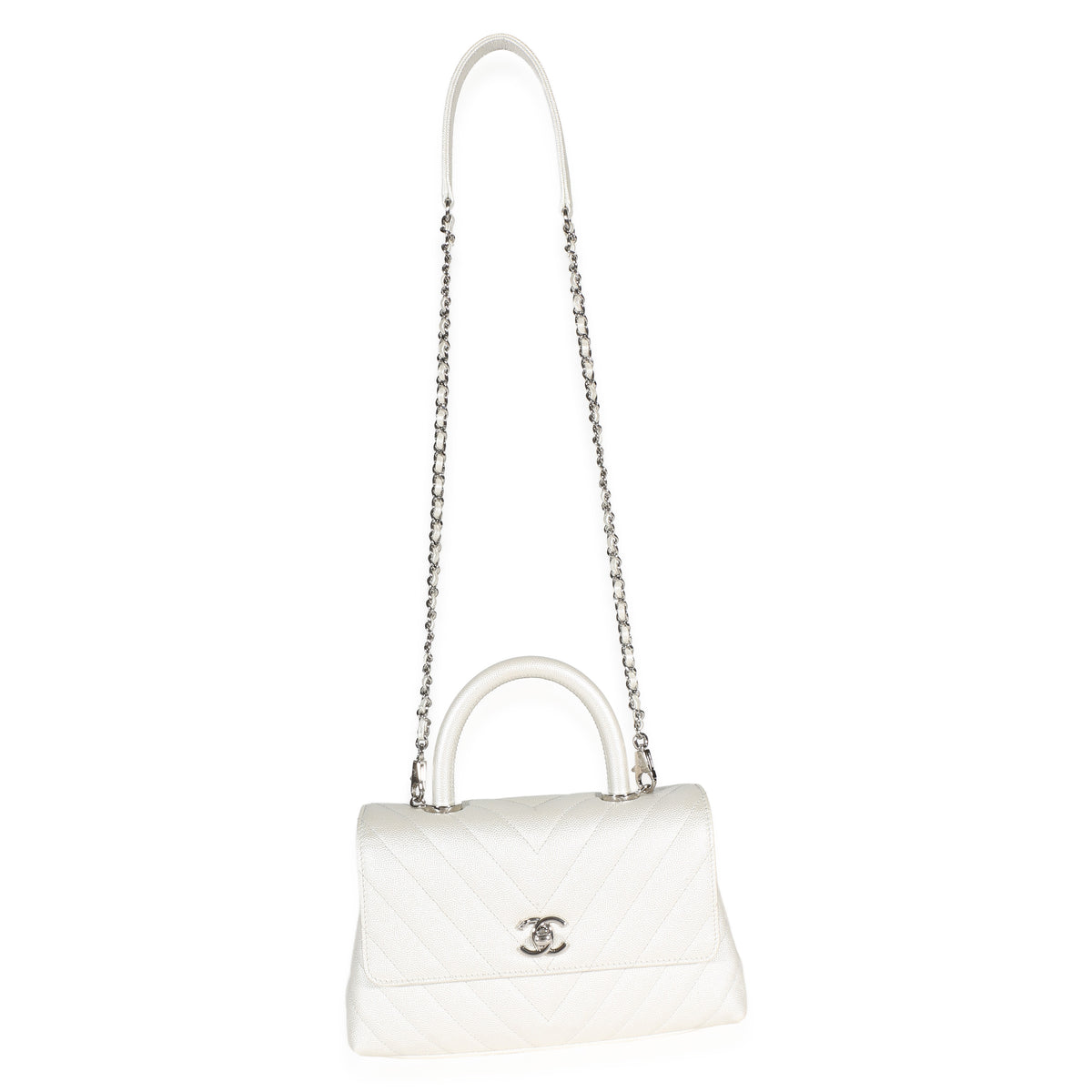 Chanel Silver Chevron Caviar Mini Coco Top Handle Bag Handbag 8