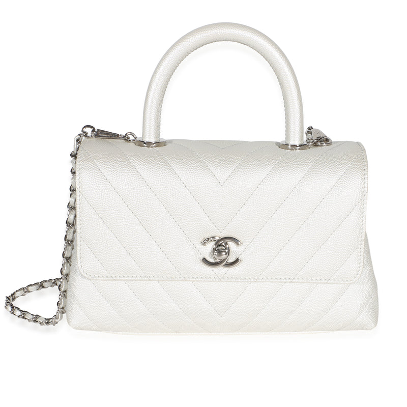 Chanel Silver Chevron Caviar Mini Coco Top Handle Bag Handbag id