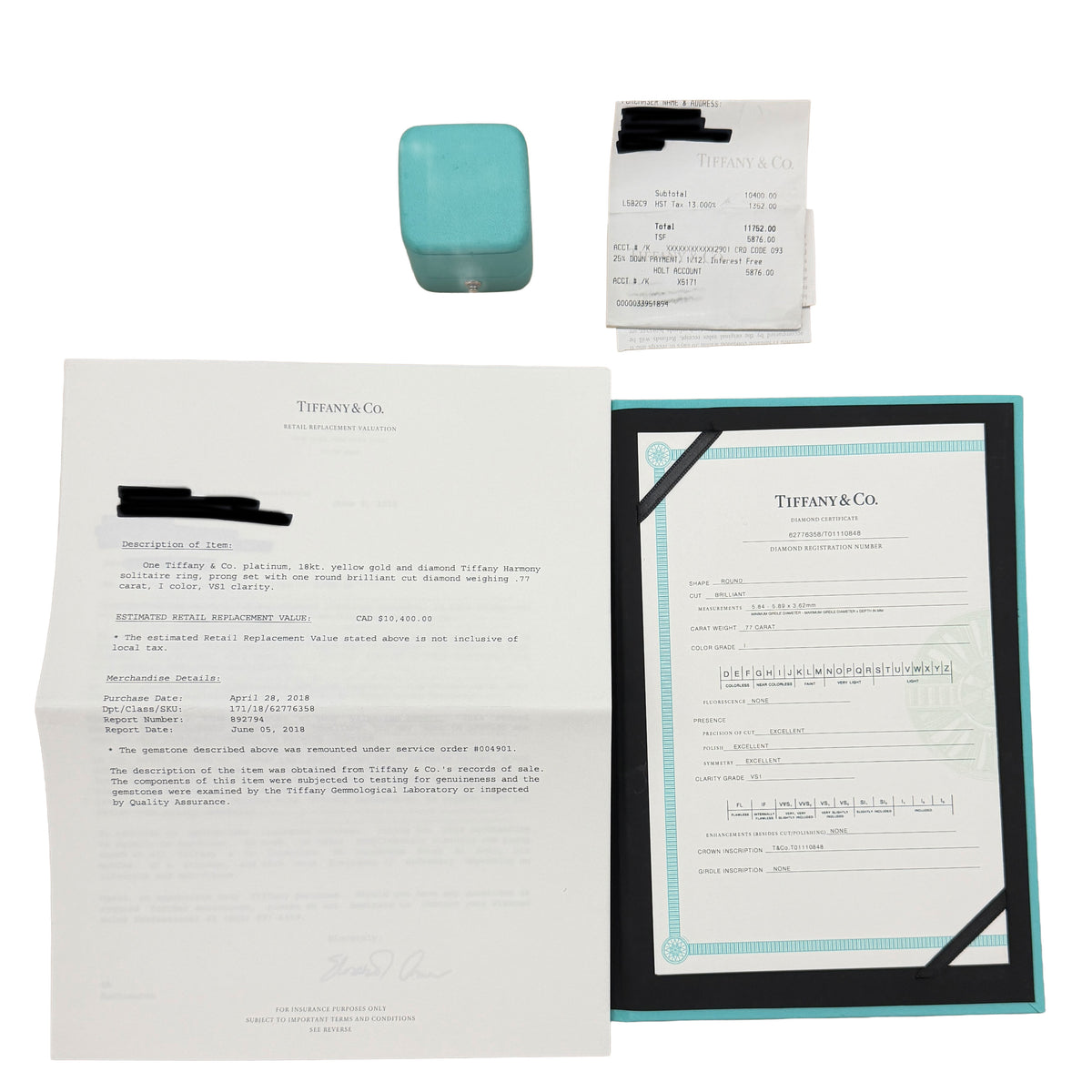 Tiffany & Co. 0.77 ct Round Brilliant Diamond Harmony Engagement Ring box