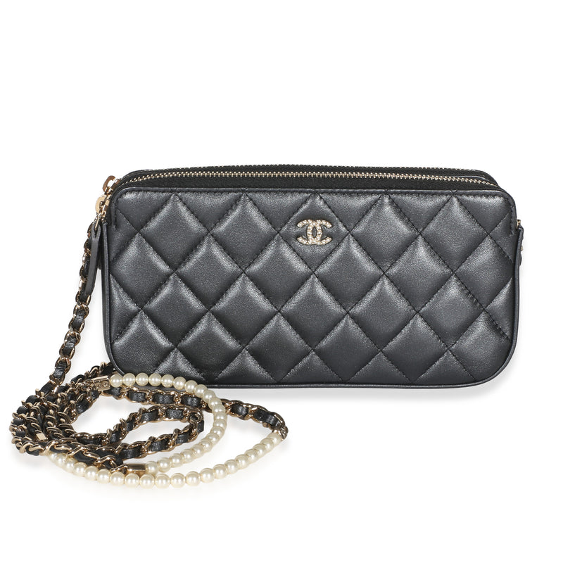 Chanel Metallic Quilted Lambskin Pearl CC Double Zip Phone Holder With Chain Handbag fv