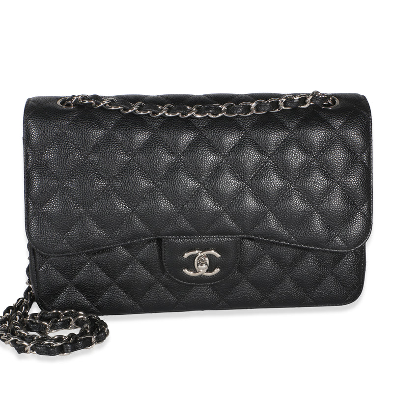Chanel Black Quilted Caviar Jumbo Double Flap Bag Handbag id