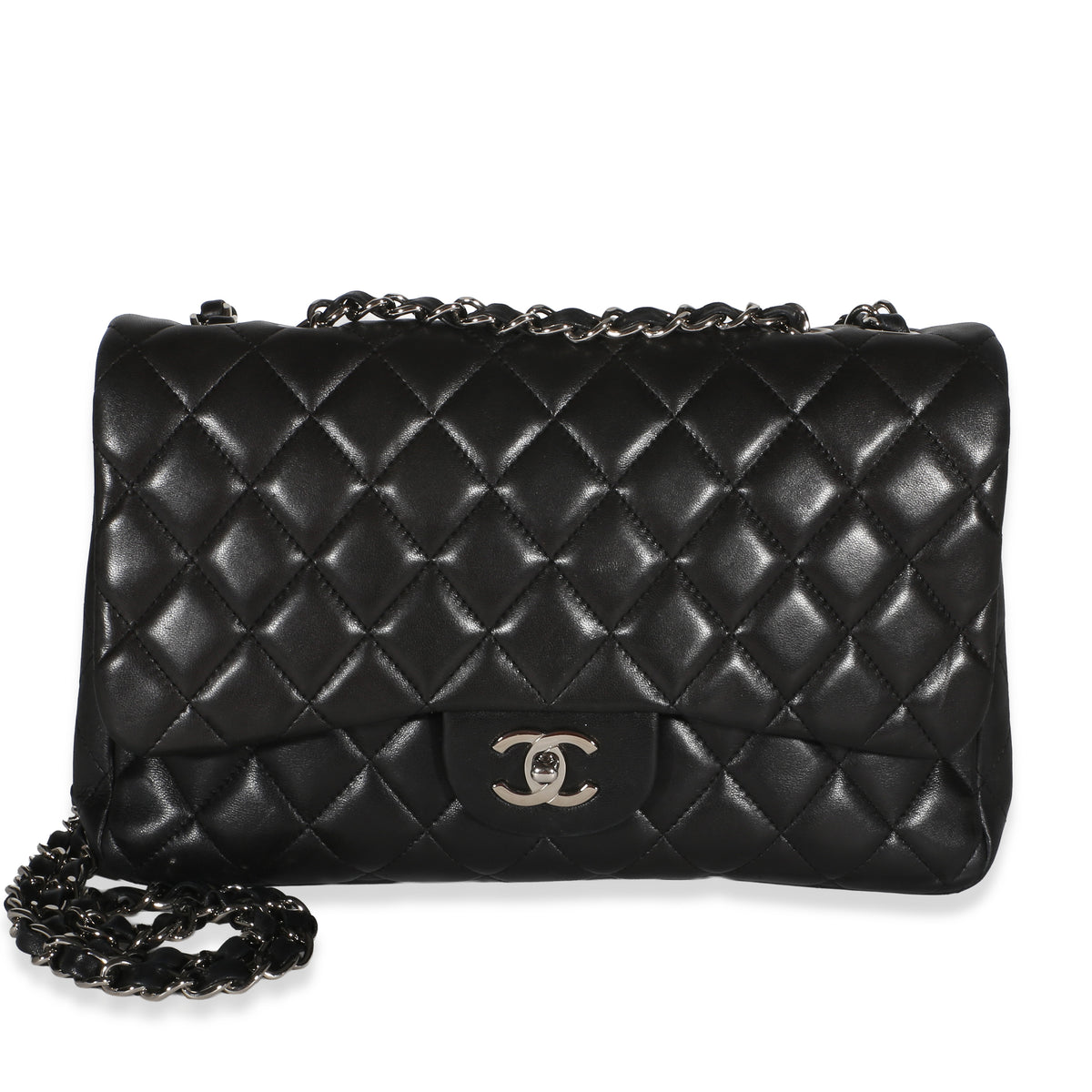 Chanel Black Quilted Lambskin Jumbo Single Flap Bag Handbag fv