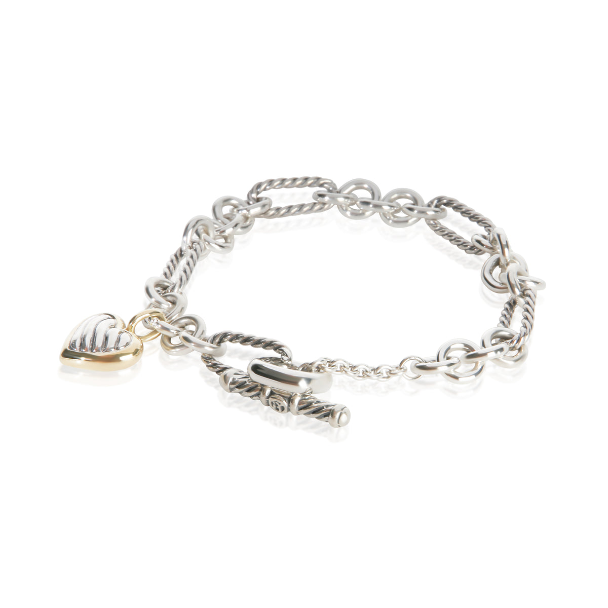 David Yurman Yellow Gold & Sterling Silver Figaro Heart Charm Bracelet 2