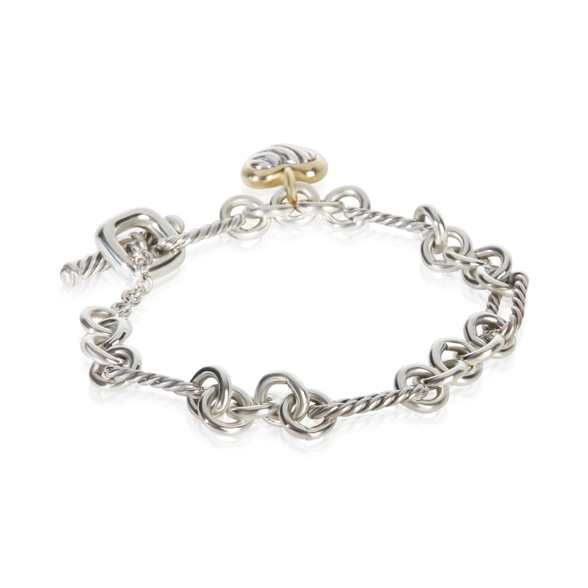 David Yurman Yellow Gold & Sterling Silver Figaro Heart Charm Bracelet 3