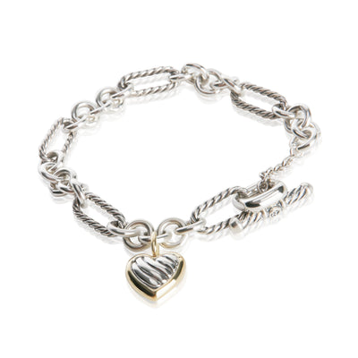 David Yurman Yellow Gold & Sterling Silver Figaro Heart Charm Bracelet fv