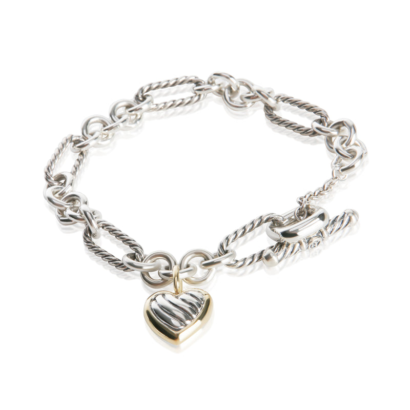 David Yurman Yellow Gold & Sterling Silver Figaro Heart Charm Bracelet fv