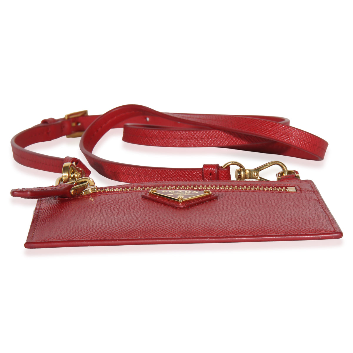 Prada Red Saffiano Triangle Card Holder With Strap Wallet 5