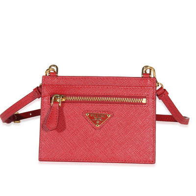 Prada Red Saffiano Triangle Card Holder With Strap Wallet id
