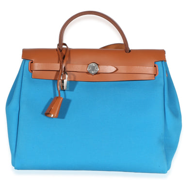 Hermès Bleu Zellige Rouge Grenat Toile Fauve Hunter Verso Herbag Zip 31 PM PHW Handbag id