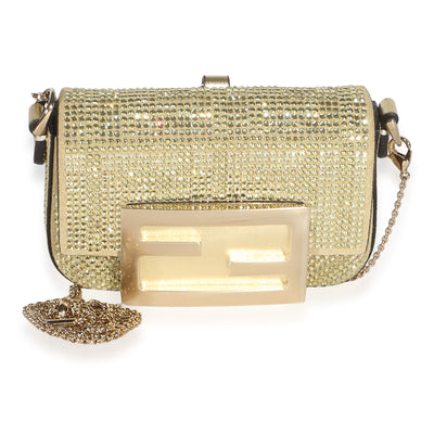 Fendi Gold Crystal Vitello Laminato FF Nano Maxi Buckle Baguette Charm Handbag id