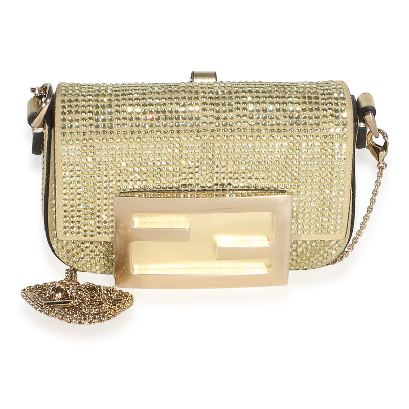 Fendi Gold Crystal Vitello Laminato FF Nano Maxi Buckle Baguette Charm Handbag id