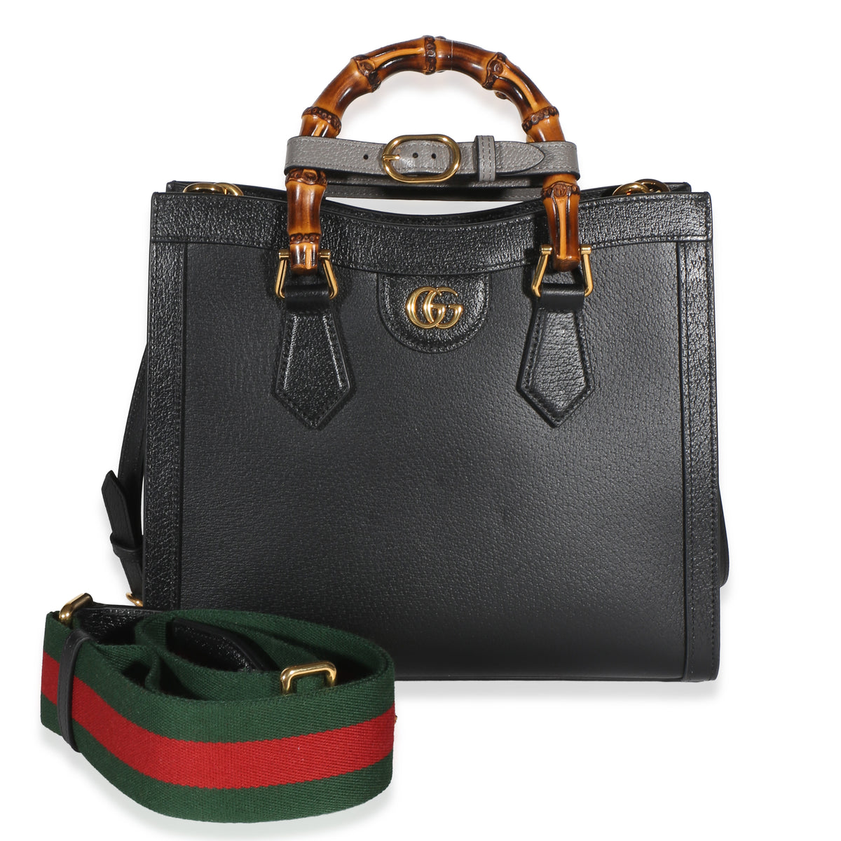 Gucci Black Textured Dollar Calfskin Web Medium Diana Tote Handbag fv