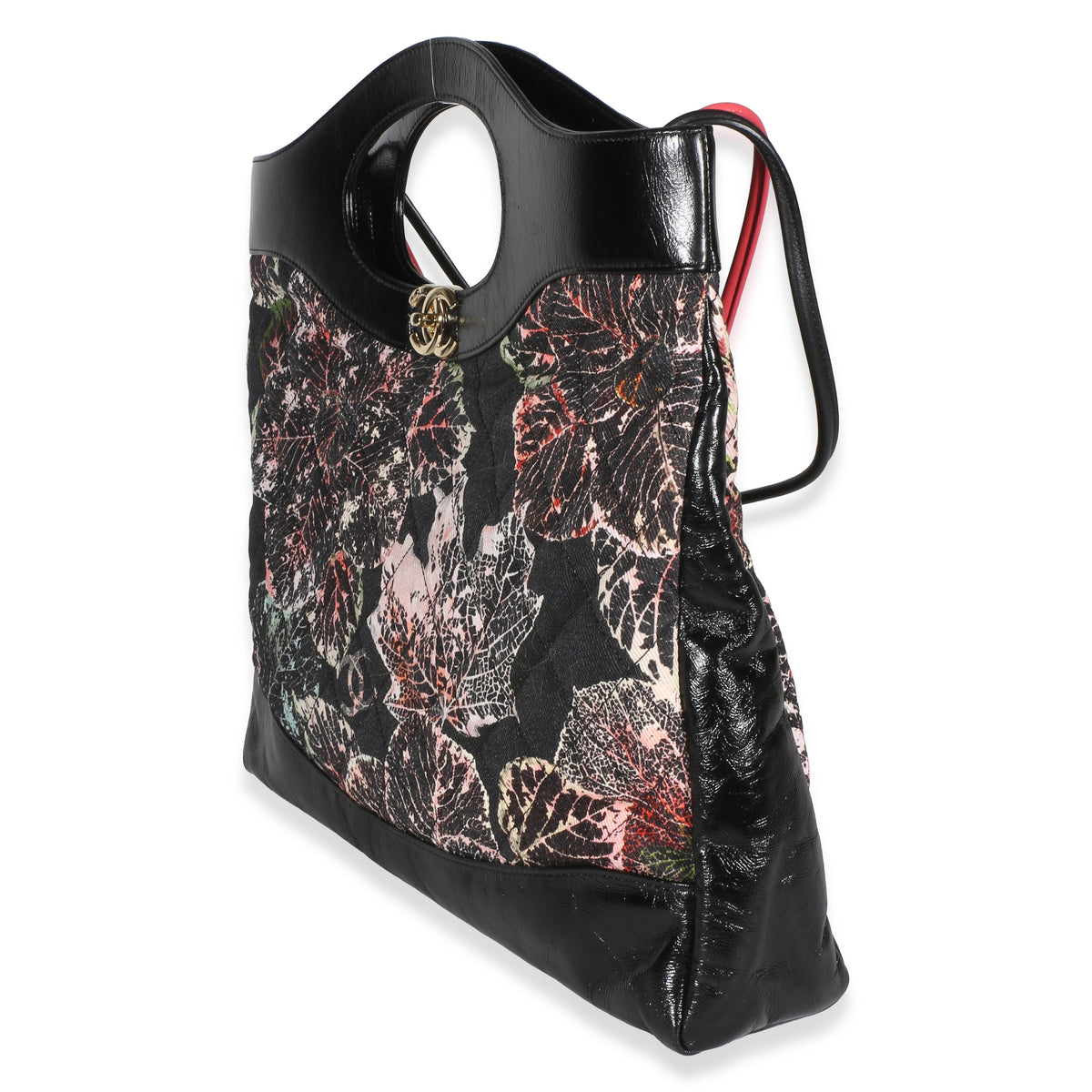 Chanel Black Pink Floral Canvas Calfskin Large 31 Shopping Bag Handbag 2
