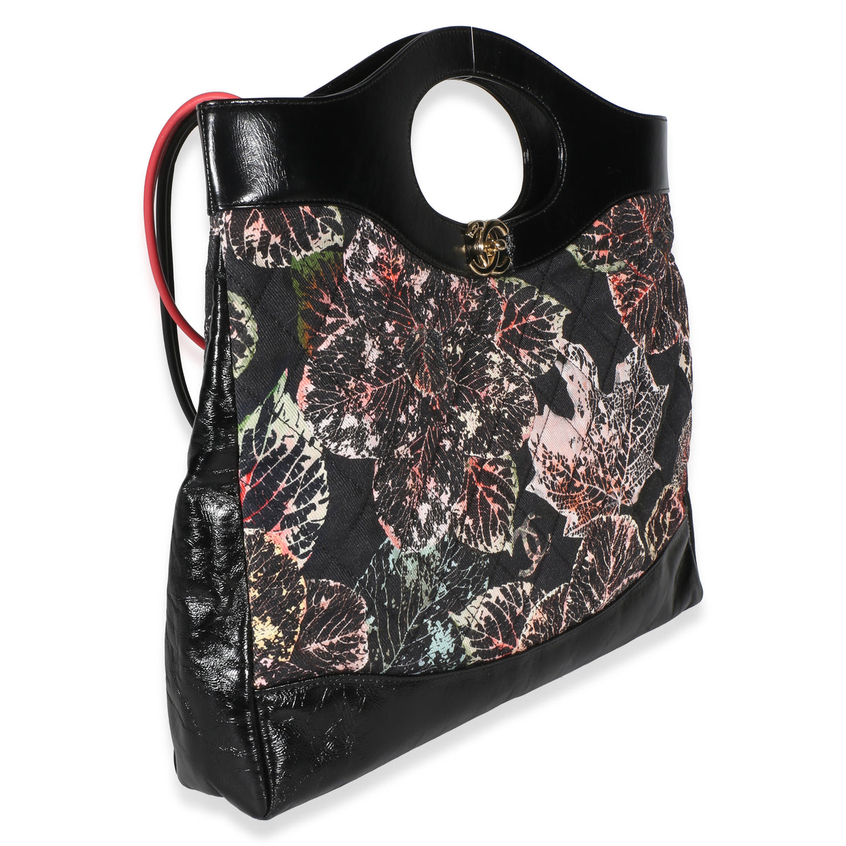 Chanel Black Pink Floral Canvas Calfskin Large 31 Shopping Bag Handbag 3