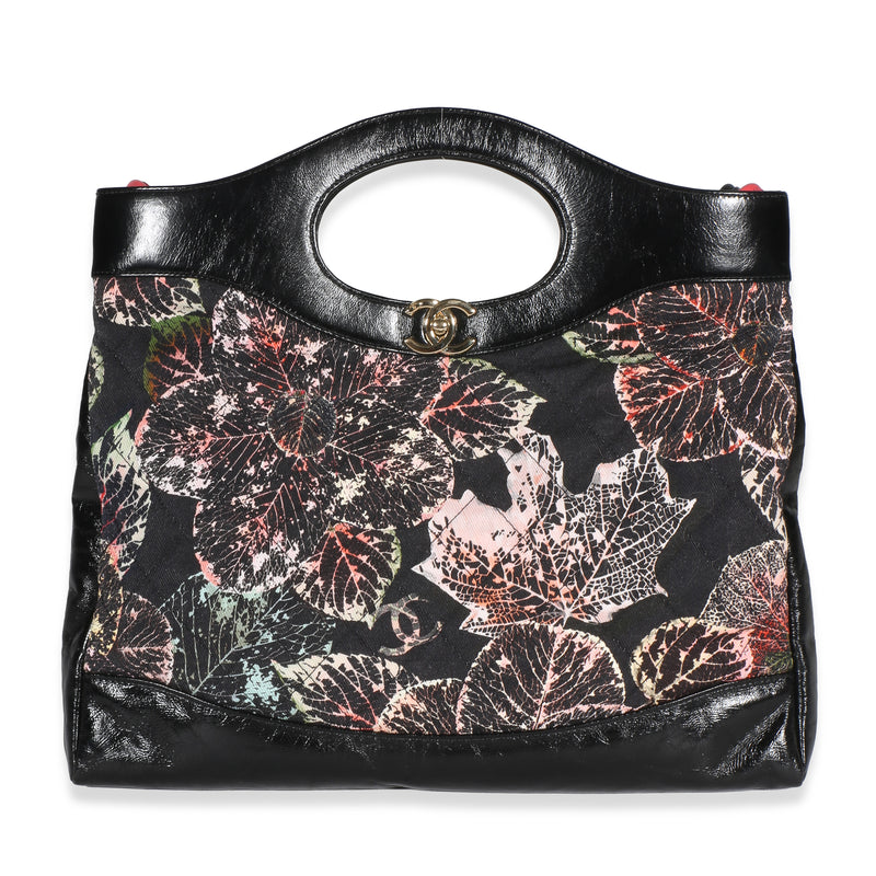 Chanel Black Pink Floral Canvas Calfskin Large 31 Shopping Bag Handbag id