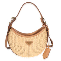 Prada Brown Natural Wicker Calfskin Arque Shoulder Bag Handbag id