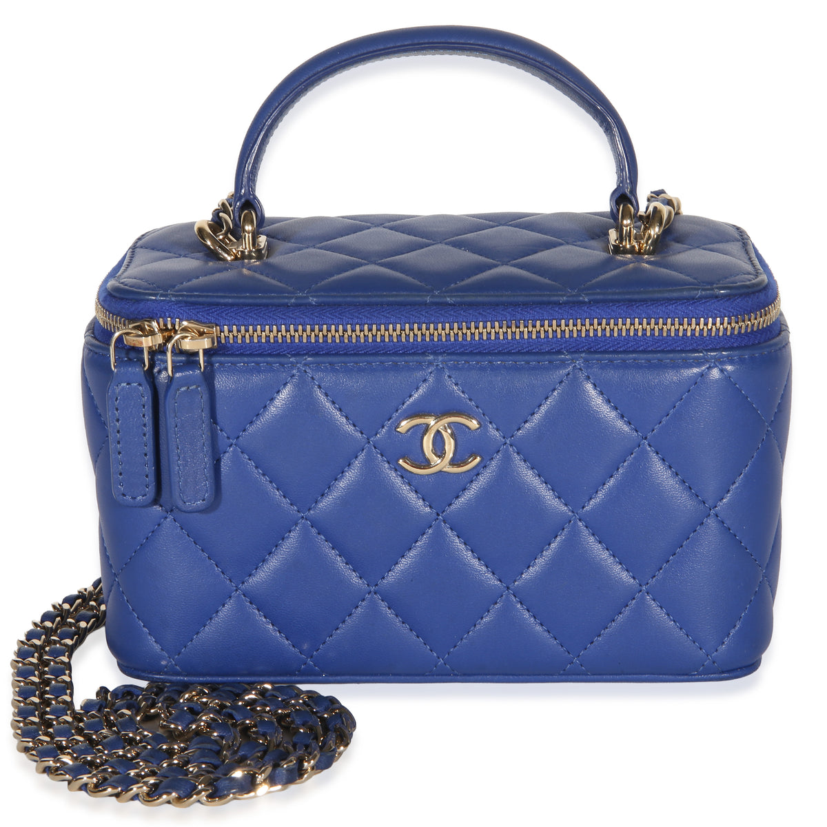 Chanel Blue Quilted Lambskin Top Handle Small Vanity With Chain Handbag id