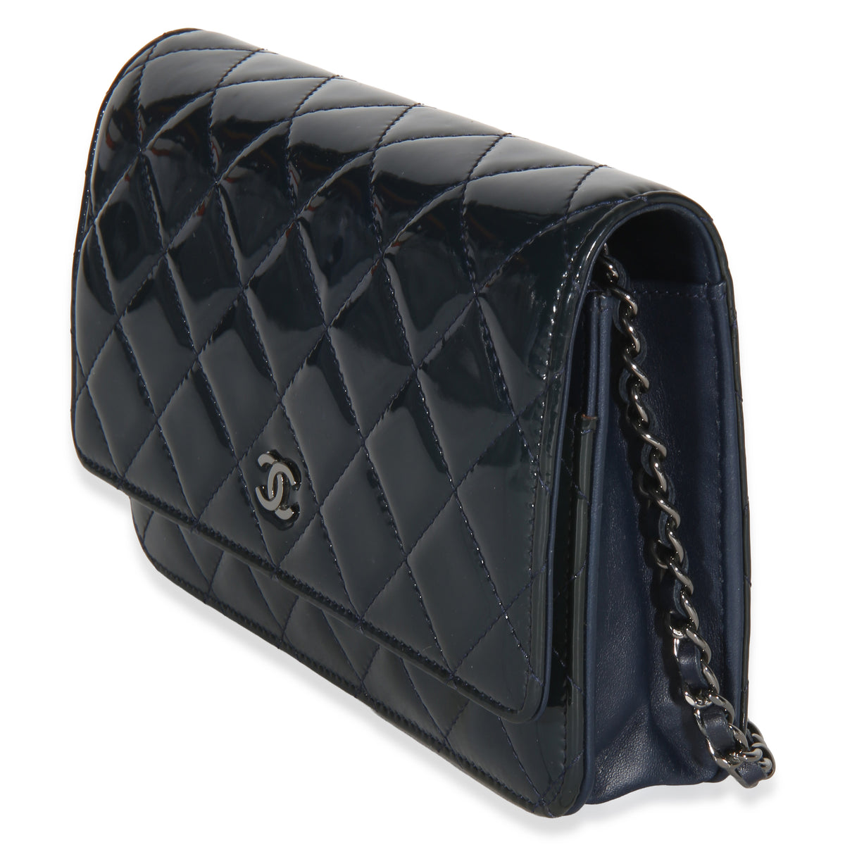 Chanel Navy Quilted Patent Wallet On Chain Handbag 2