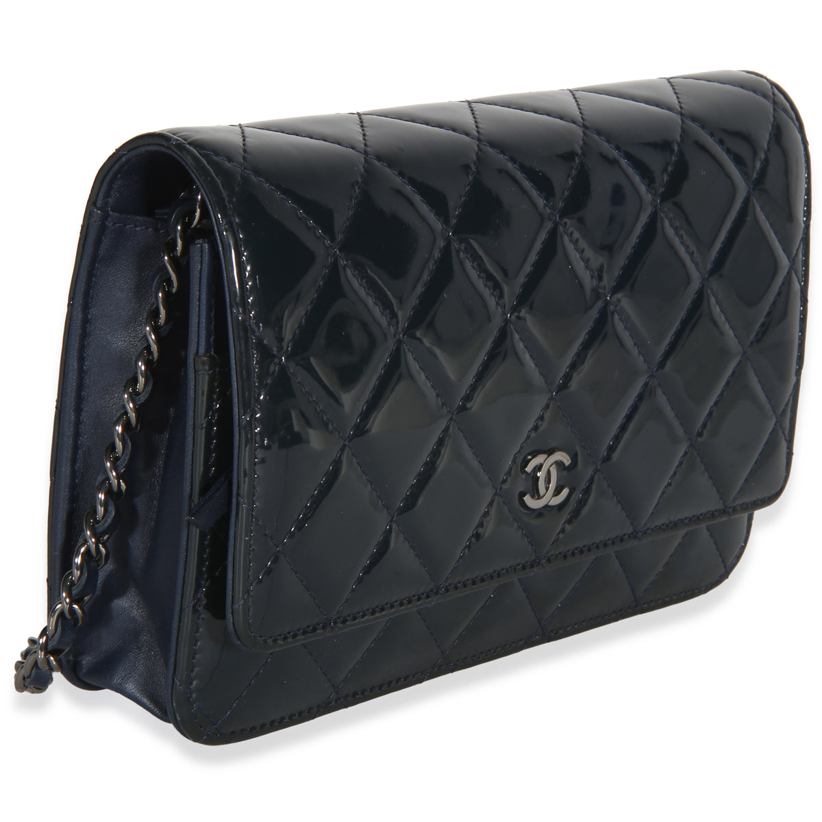 Chanel Navy Quilted Patent Wallet On Chain Handbag 3