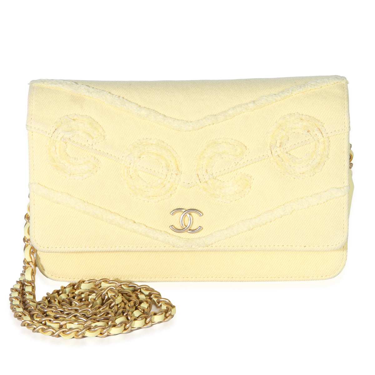 Chanel Yellow Frayed Denim Coco Wallet On Chain Handbag fv