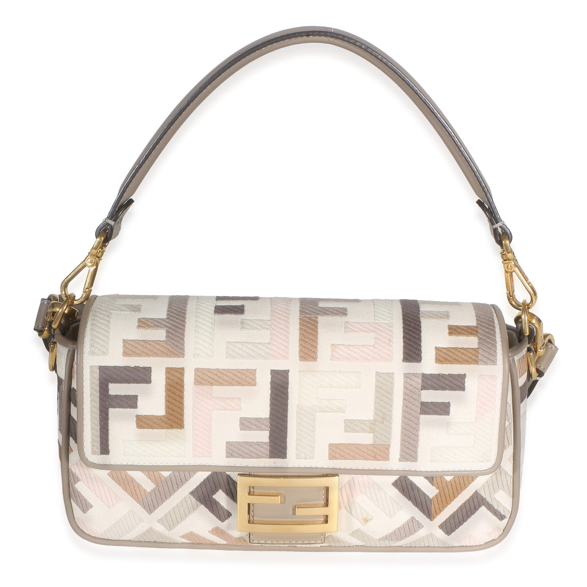 Fendi Grezzo Multicolor Tortora Canvas Multicolor FF Embroidered Baguette Bag Handbag id