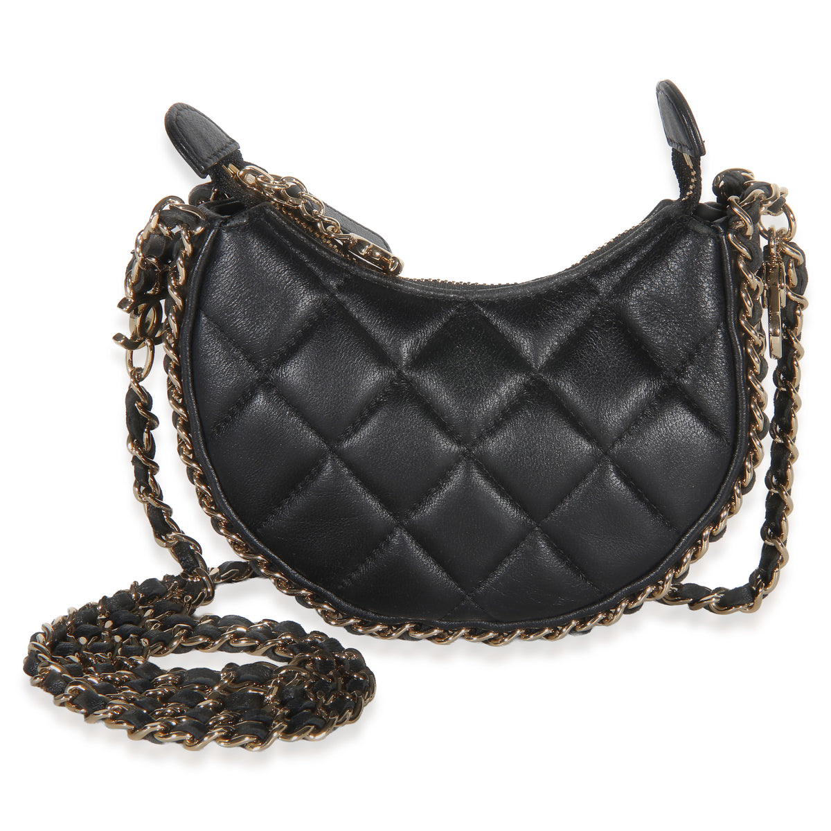 Chanel Black Quilted Lambskin CC Chain Around Mini Moon Hobo Crossbody Handbag id