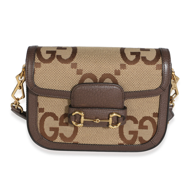 Gucci Camel Ebony Monogram Jumbo GG Calfskin Web Mini Horsebit 1955 Shoulder Bag Handbag fv
