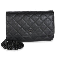 Chanel Black Crumpled Quilted Calfskin Wallet On Chain Handbag fv