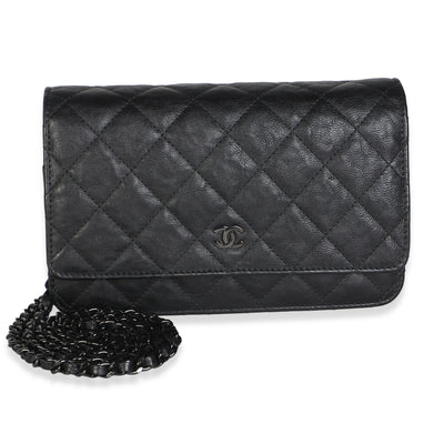 Chanel Black Crumpled Quilted Calfskin Wallet On Chain Handbag fv