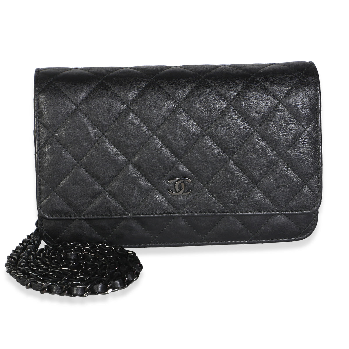 Chanel Black Crumpled Quilted Calfskin Wallet On Chain Handbag fv