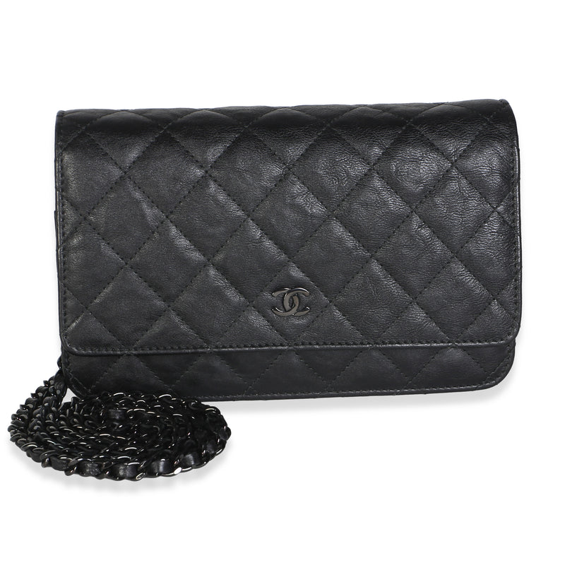 Chanel Black Crumpled Quilted Calfskin Wallet On Chain Handbag fv