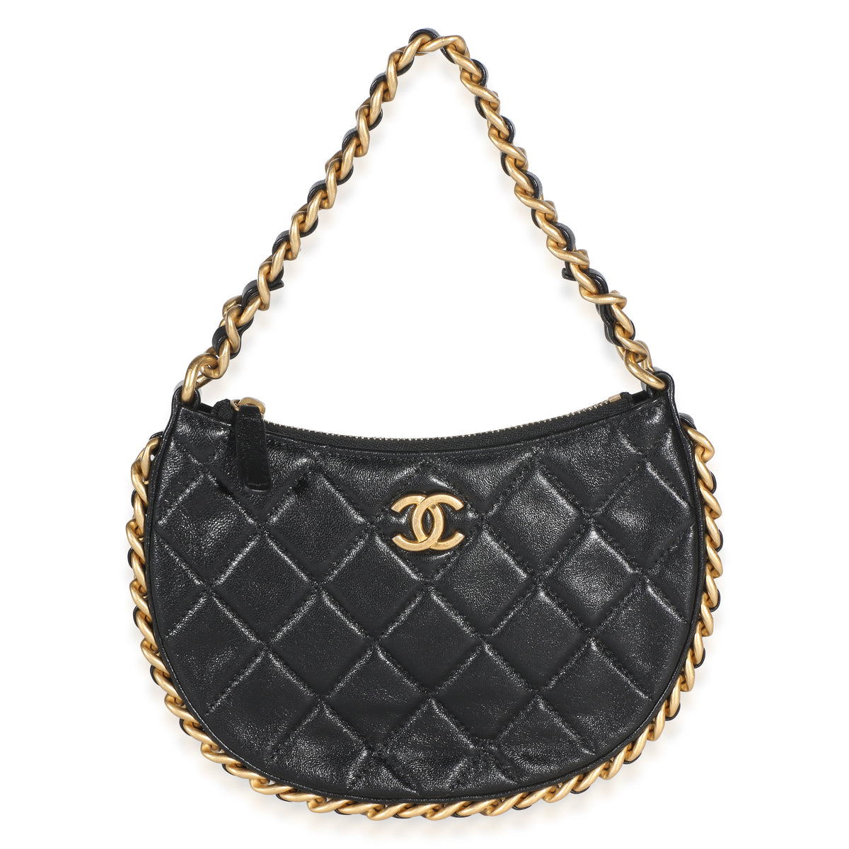 Chanel Black Shiny Quilted Lambskin Mini CC Chain Around Hobo Handbag id