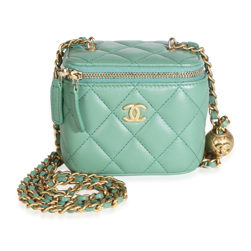 Chanel Green Quilted Lambskin Pearl Crush Mini Vanity Case With Chain Handbag id
