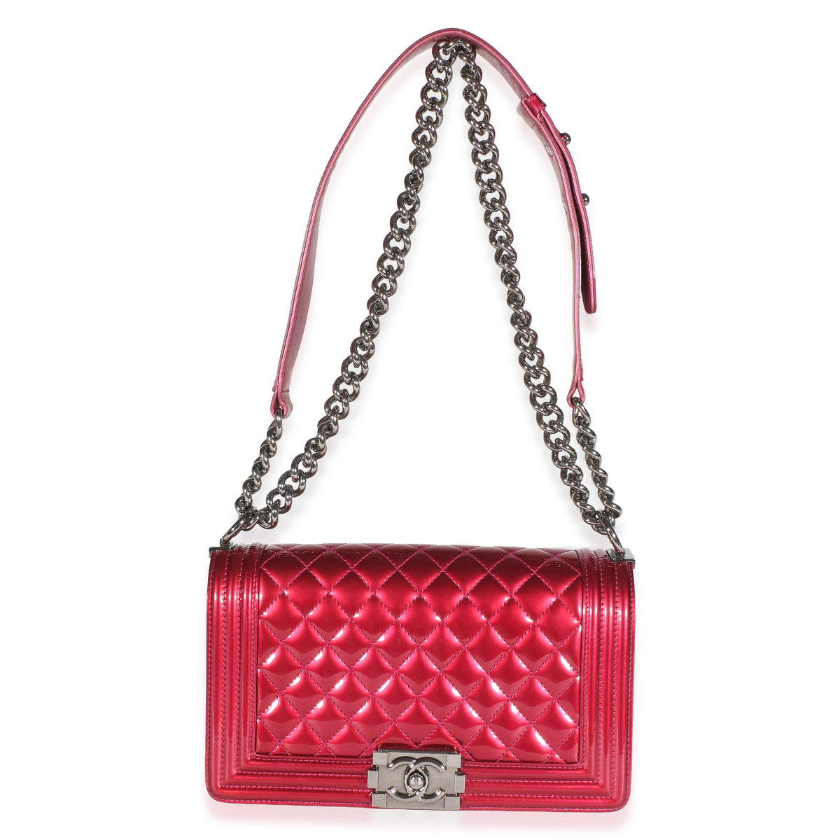 Chanel Pink Quilted Metallic Patent Old Medium Boy Bag Handbag 9