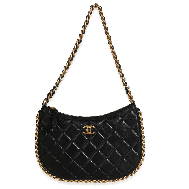 Chanel Black Shiny Quilted Lambskin Small CC Chain Around Hobo Handbag id