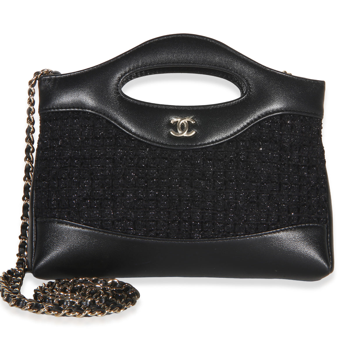 Chanel 25K Black Metallic Tweed Calfskin Nano 31 Shopping Clutch With Chain Handbag id