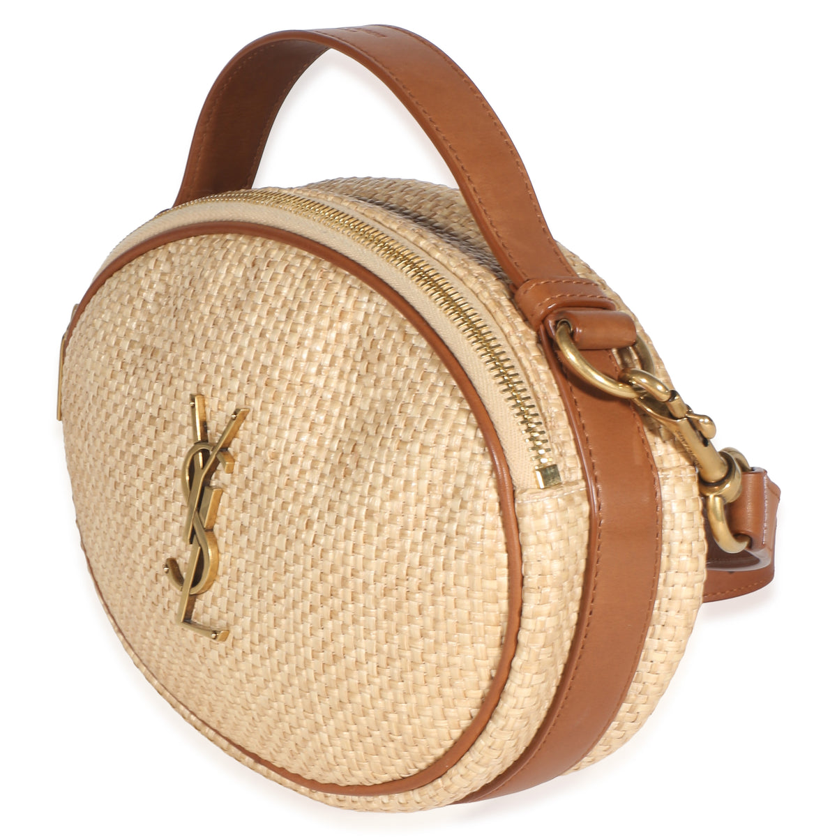 Saint Laurent Beige Raffia Brown Calfskin Round Camera Bag Handbag 2